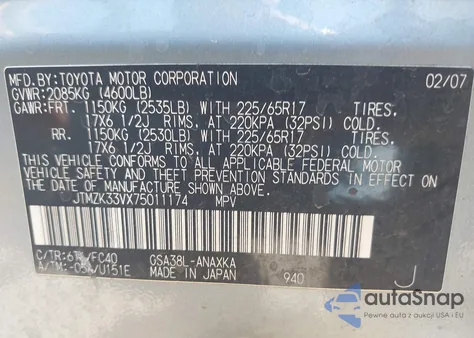 2007 Toyota Rav4 Base V6 from USA, damaged, VIN JTMZK33VX75011174